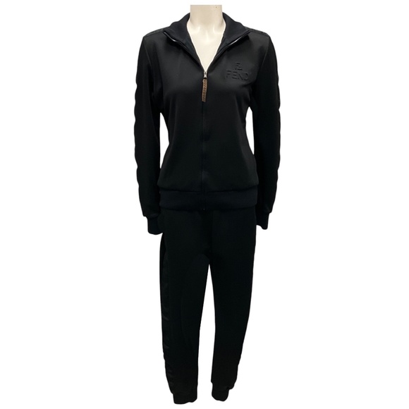 FENDI BLACK LOGO EMBOSSED JERSEY PIQUE TRACK JACKET AND TRACK PANTS SET - Picture 1 of 8